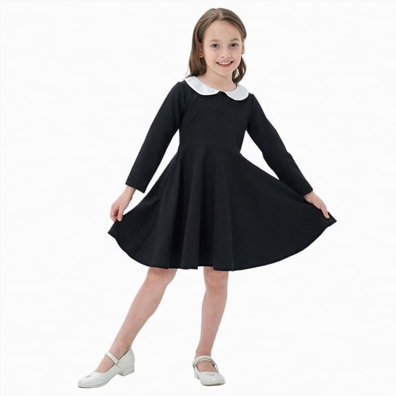 mgoYE Girls Dress Easter Dress Girl's Peter Pan Collar Dress Long Sleeve Casual Flare Skater Dresses(Black,11-12 Years)