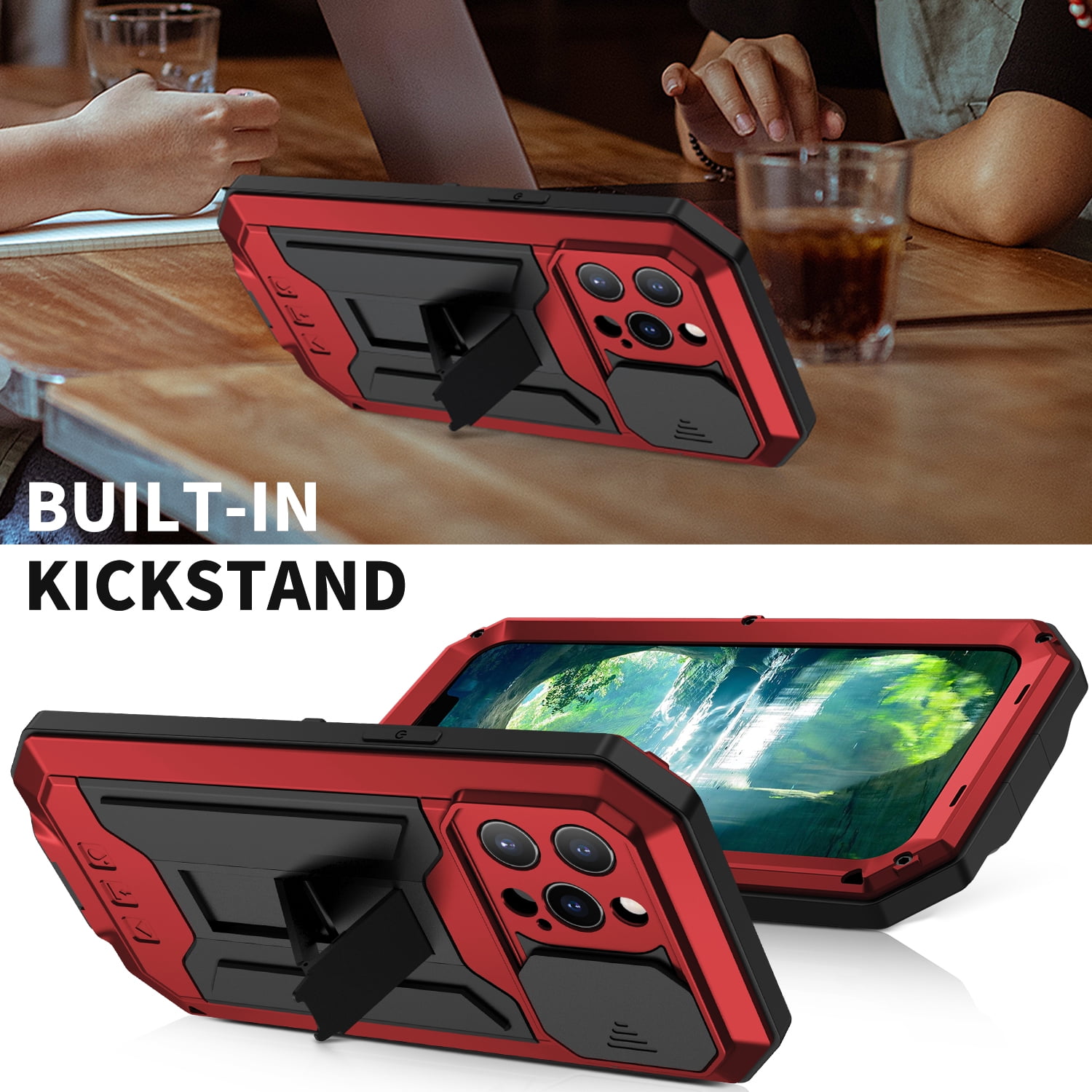 Fit for iPhone 13 Pro Max Case with Built-in Glass Screen Protector, Allytech Full Body Dustproof Life Waterproof Stand Slide Camera Lens Protective Case for iPhone 13 Pro Max 5G 6.7" 2021, Red