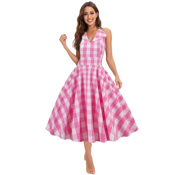 ICHUANYI Clearance Women's Fashion V-neck Sleeveless Backless Vintage Printed Party Cocktail Dresses Stretchy Dresses(Pink, XL) ICHUANYI WER2023081512199
