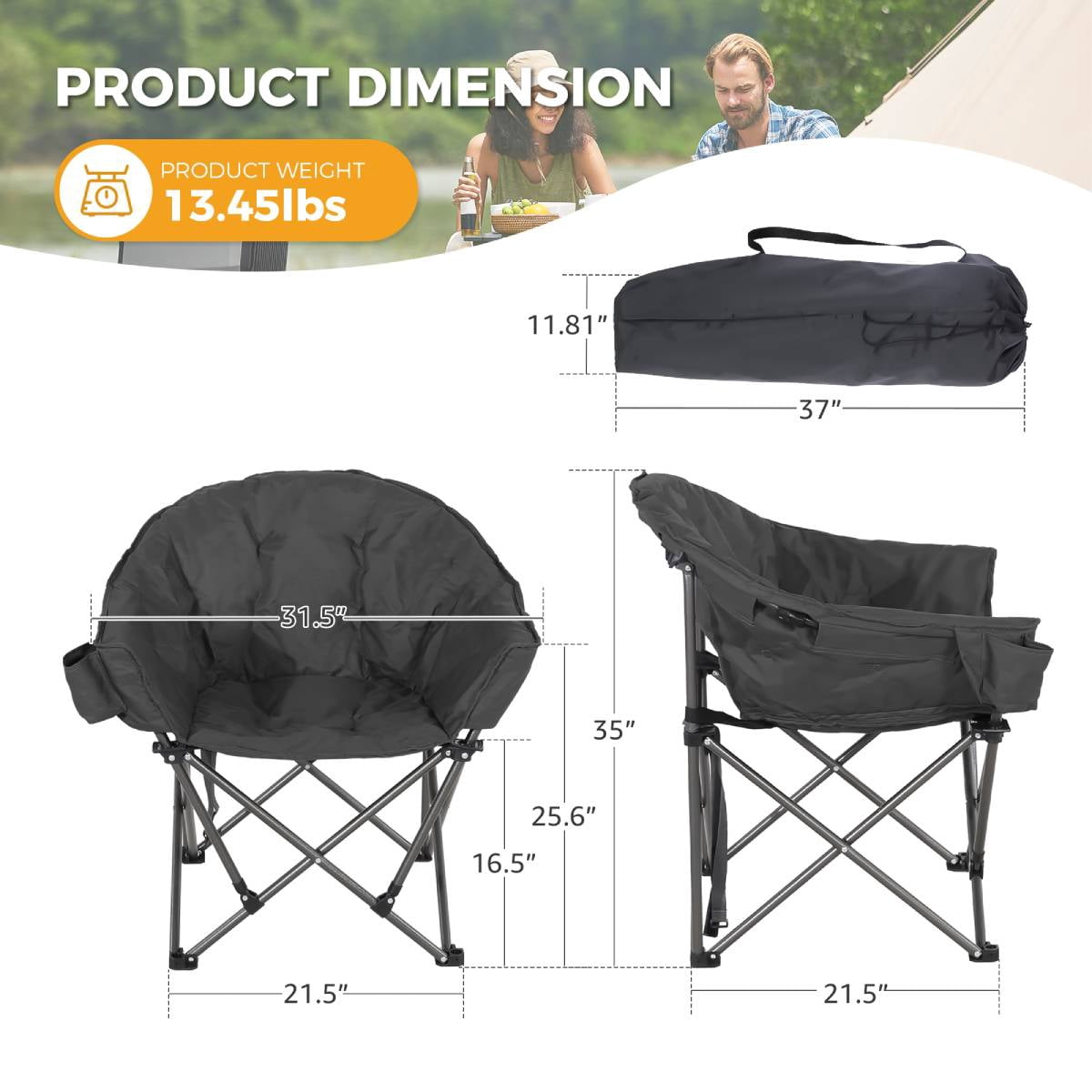 Oversized Folding Moon Chair, Padded Heavy-Duty Camping Chair with Multi-Pocket & Carry Bag, Portable Outdoor Chair for Camping Fishing Beach Backyard