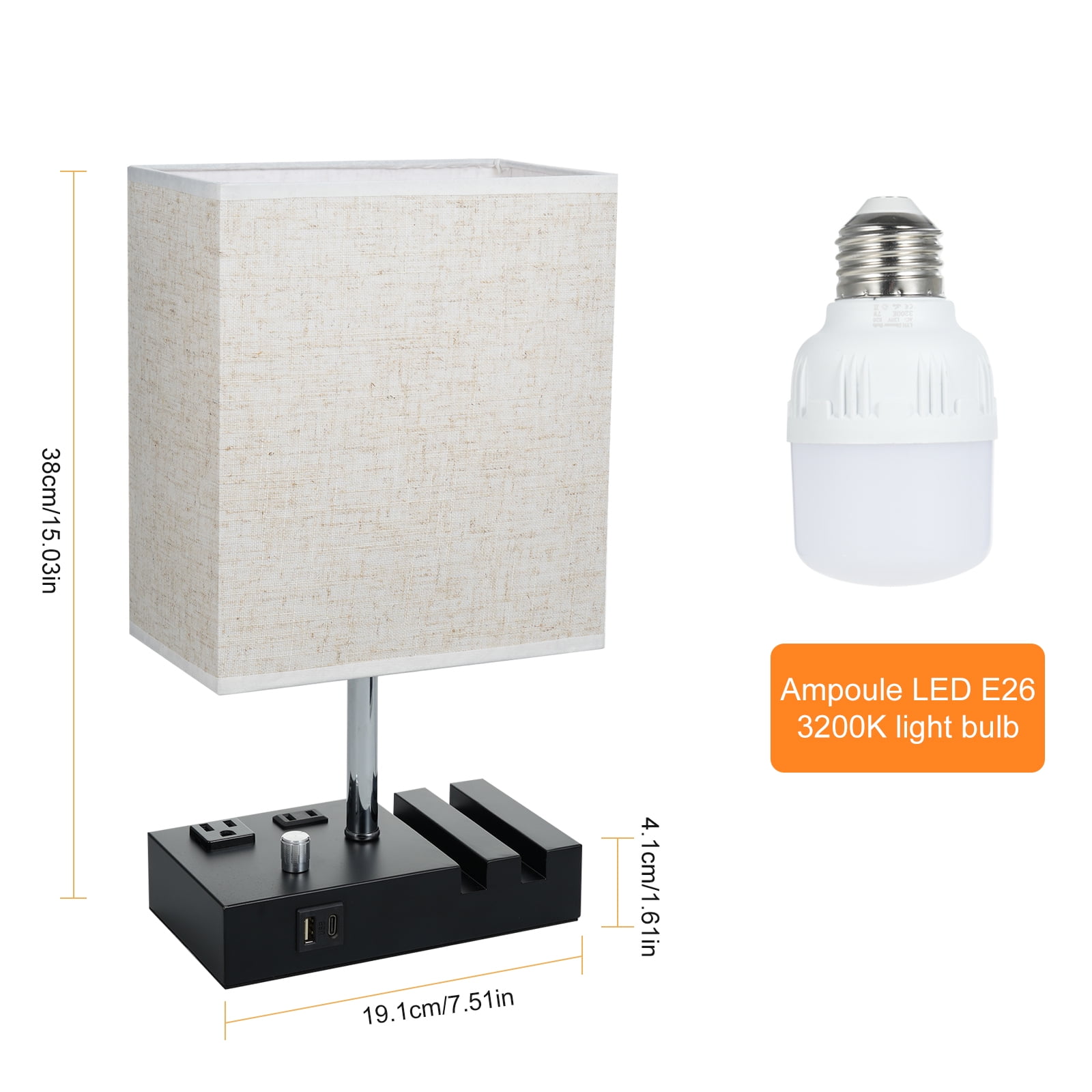 Neoglint Fabric Bedside Table Lamp Nightstand Lamp Touch Control Wireless Charger USB A Type-C Charging Ports with Phone Holder for Living Room