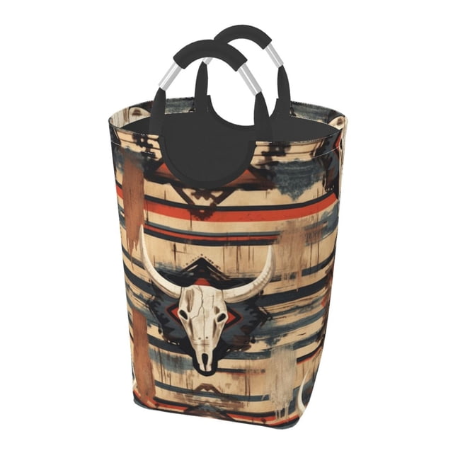DouZhe 50L Rectangular Laundry Basket, Colorful Ethnic Cow Skulls Prints Waterproof Foldable Laundry Hamper with Aluminum Handles