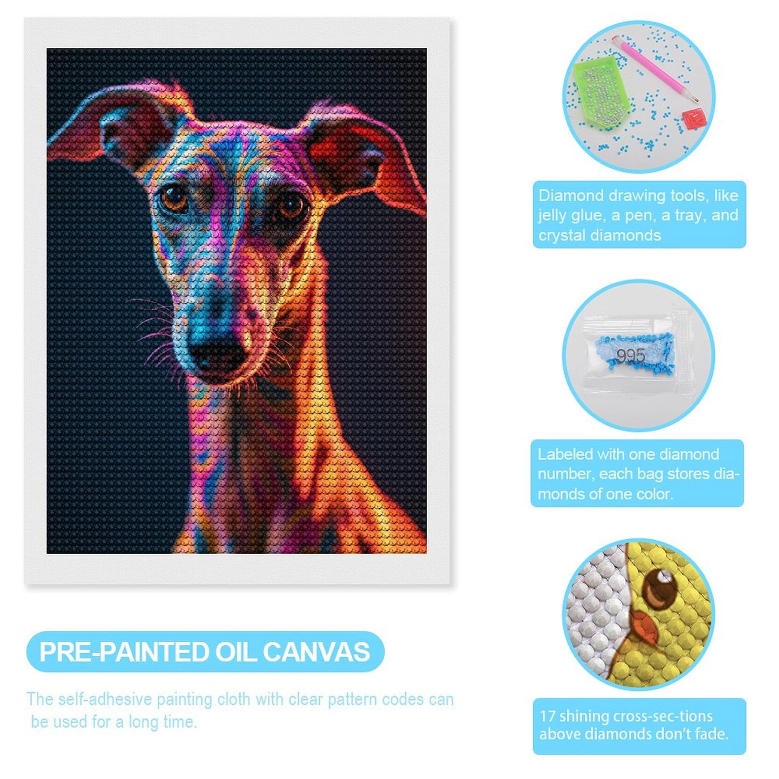 Diamond Art Kits for Adults, Neon Whippet Vibrant Portrait Artistry 5D Diamond Painting Kits for Adults Beginners, DIY Full Drill Diamond Painting, Gem Art and Crafts 12x16