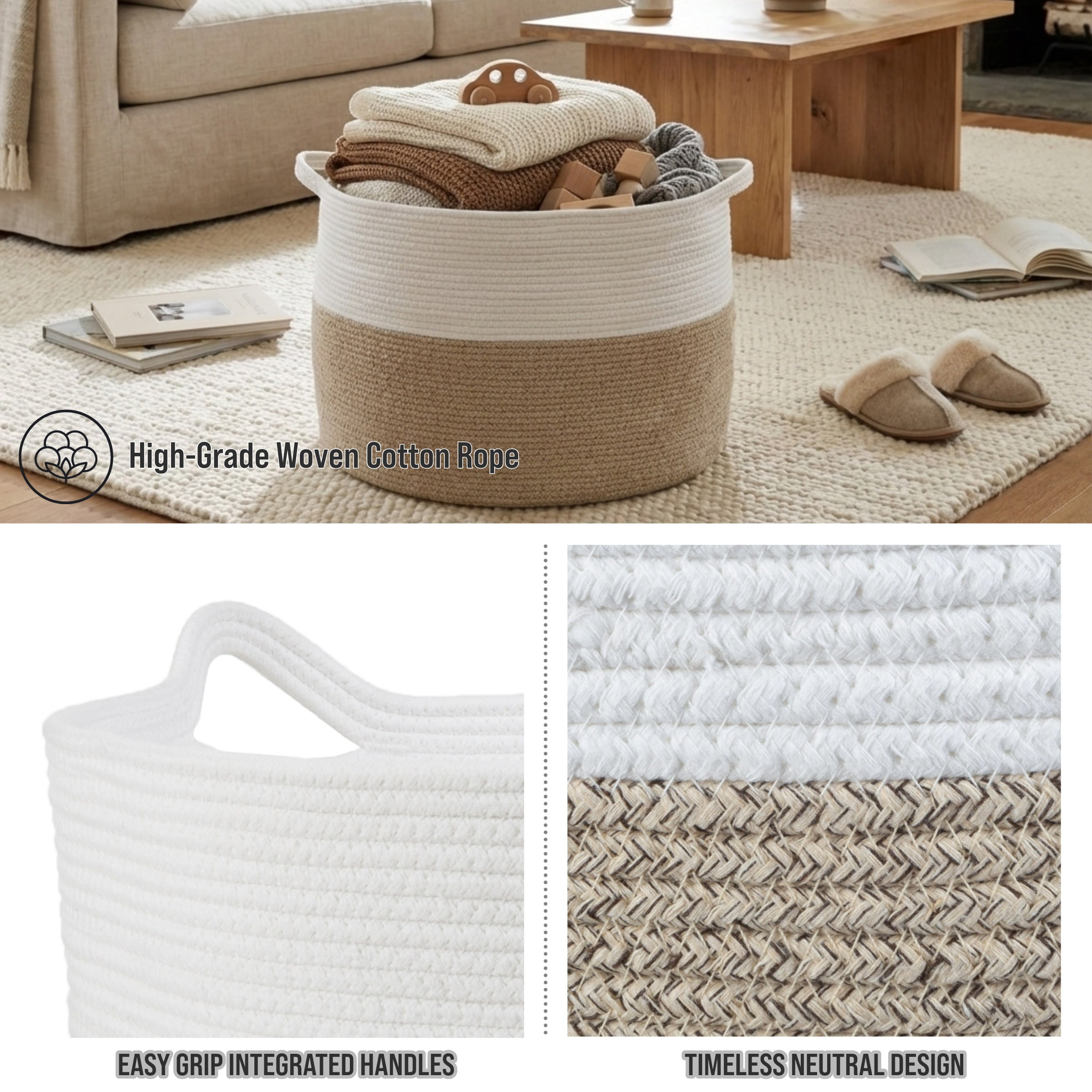 Home-Complete Extra-Large Rope Basket for Laundry, Blankets, and Toys, Natural