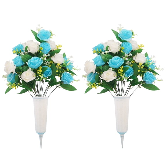 ZTTD Artificial Cemetery Flowers with Vase, Set of 2 Artificial Rose Bouquet Graveyard Memorial Flowers for Cemetery Headstones Decoration