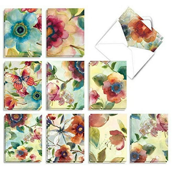 The Best Card Company - 20 Assorted Blank Plant Cards Boxed (4 x 5.12 Inch) (10 Designs, 2 Each) - Watercolor Botanicals AM3314OCB-B2x10