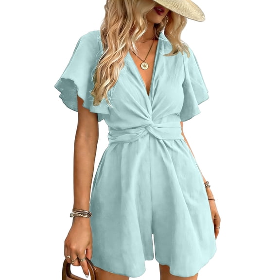 ZHYou Short Sleeve Jumpsuits for Women Cotton Flowy Loose V Neck Lightweight Casual Summer Short Rompers,Sky Blue,Size S