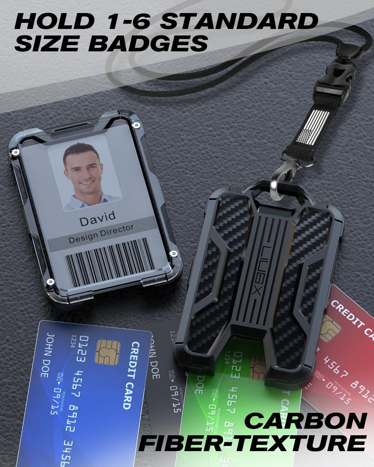 Badge Holder with Heavy Duty Breakaway Lanyard, Carbon Fiber-Texture, Durable ID Card Holder (Holds 6 Cards) with Quick Release Detachable Buckle, Metal Clip, American Flag