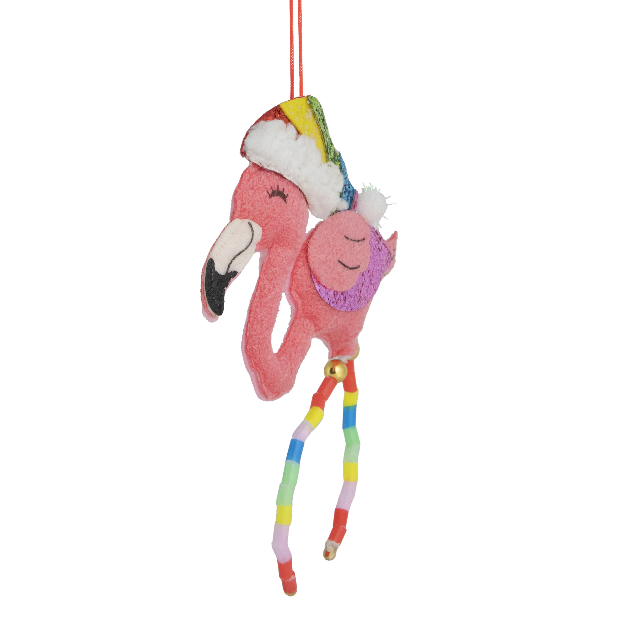 9.5" Plush Stuffed Flamingo with Rainbow Hat and Legs Christmas Ornament
