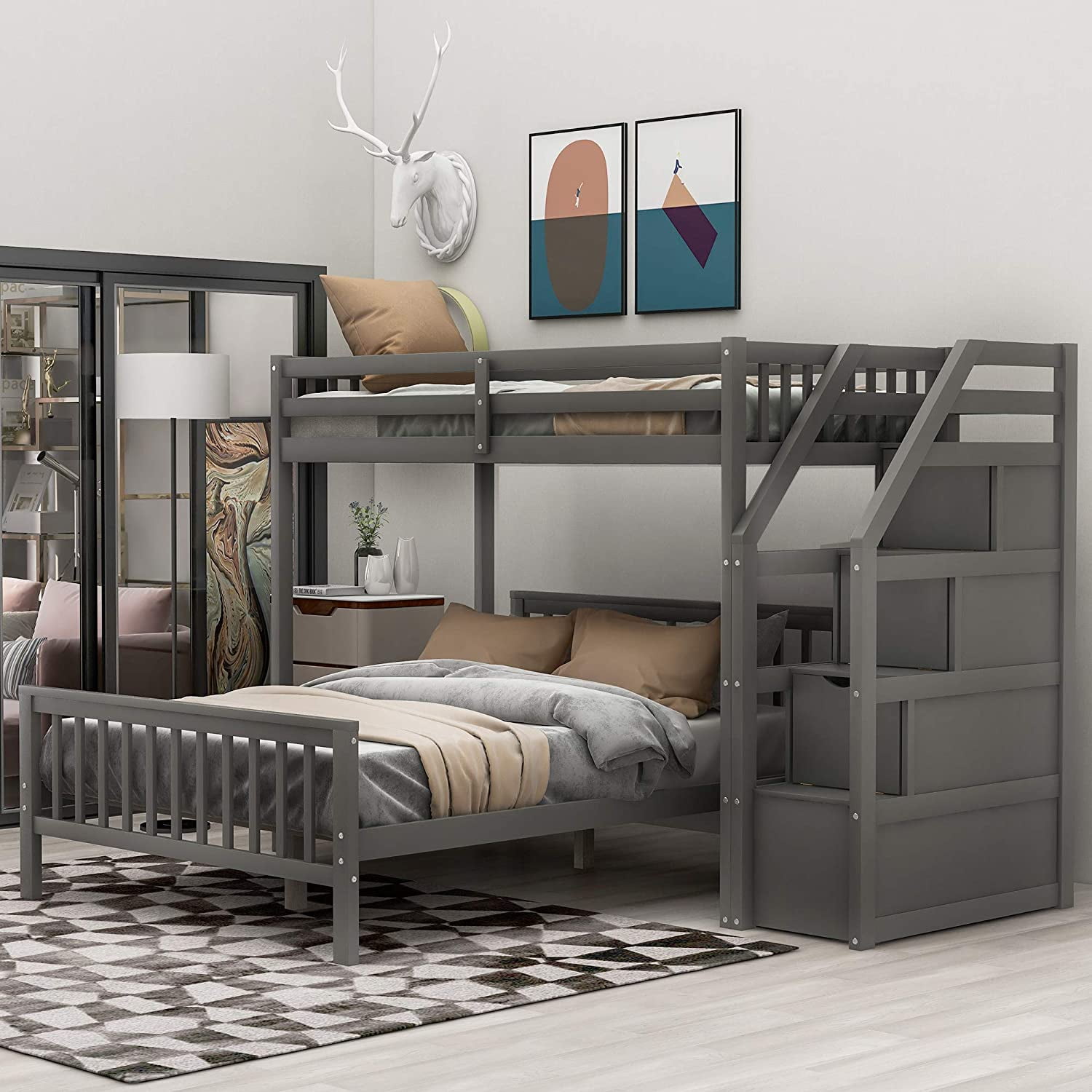 Twin Loft Bed Metal Frame Kids Bedroom Furniture Ladder Boys Girls Guardrails 