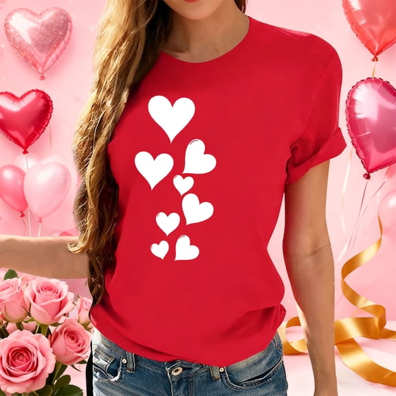 CENGNIAN Funny Cute Valentine's Day Gift Tops Women Valentine Shirt Love Heart Graphic Plus Size Short Sleeve Tee Shirt Red##,Size L