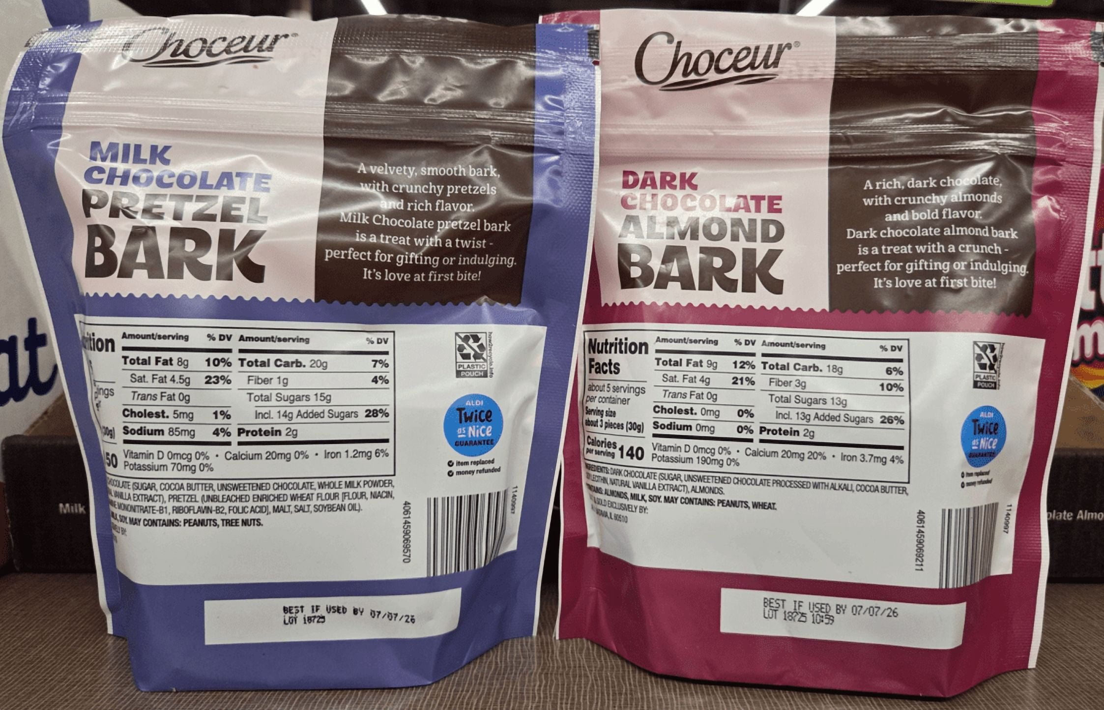 Choceur Milk Chocolate Pretzel Bark & Dark Chocolate Almond Bark 5oz 142g (2 Bags)