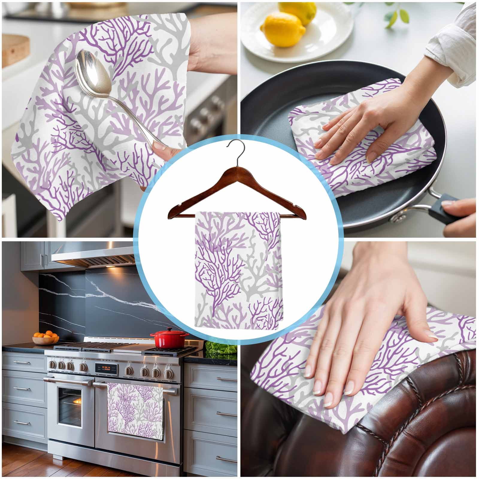 Purple Gray Coral Coastal Kitchen Towels Set of 4, Water Absorbent Dish Towel, Summer Beach Seaside Nautical Decorative Hand Towels - Quick Drying Cloth for Cooking Baking, 18x28 Inch