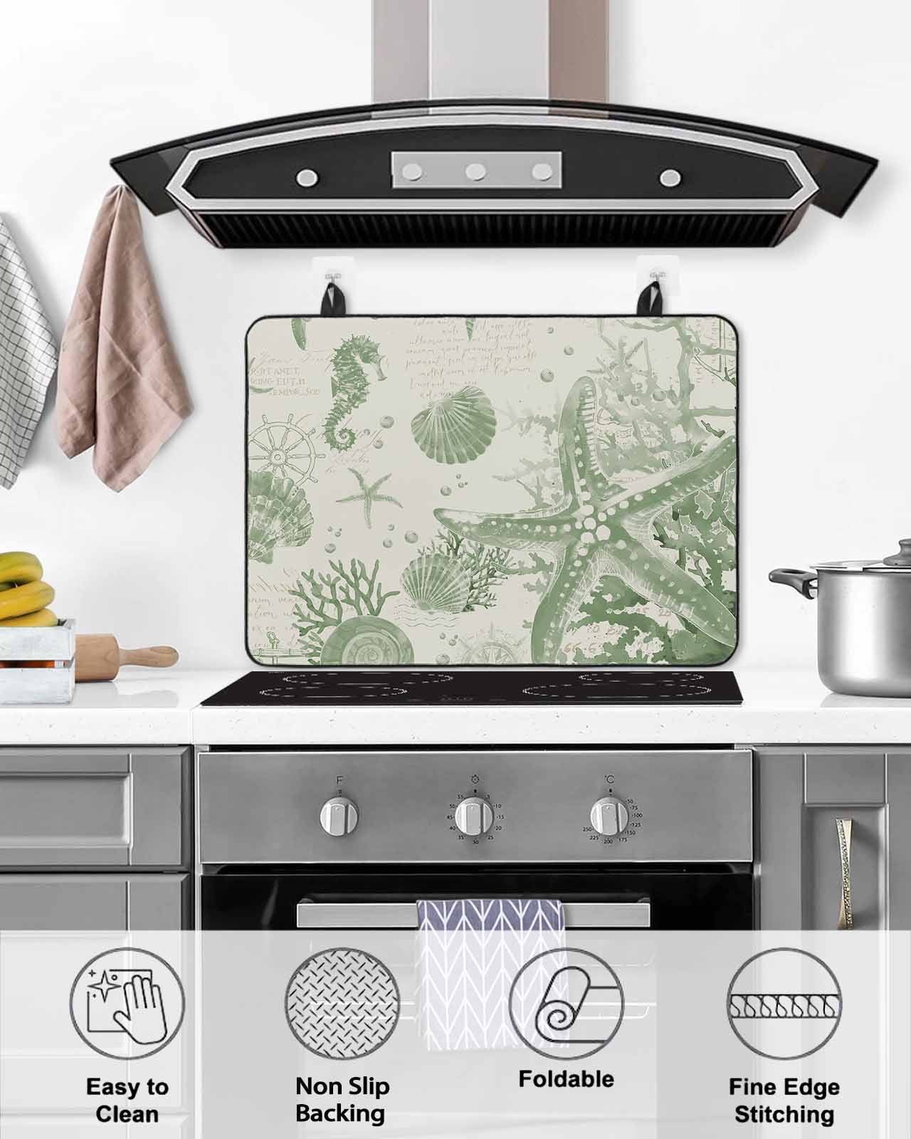 nqOlkjepod Large Induction Cooktop Protector Mat 28.5"x20.5", Sage Green Starfish Stove Top Covers for Electric Stove, Coastal Nautical Seahorse Conch Stove Burner Cover Mats, Glass Top Stove Cover