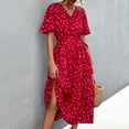 thumbnail image 4 of Boho Dresses for Women Polka Dot Short Sleeve Wrap V Neck Midi Dress Casual Summer A Line Flowy Beach Sundress with Belt, 4 of 5