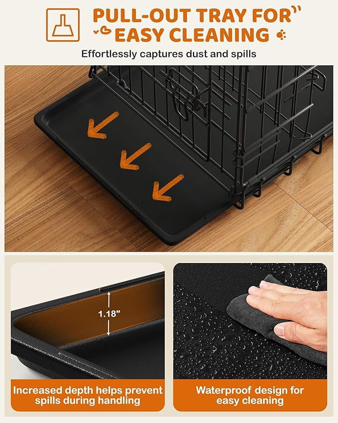 SONGMY 24 inch Dog Crate Double Door w/Divider for Puppy Collapsible Metal Crate with Removable Tray Wire Kennel Pet Crate for Small Dogs Portable Travel Cage, Black