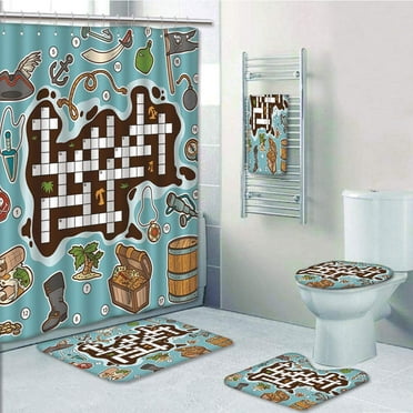 PRTAU Word Search Puzzle Kids Cartoon Game Grid Numbers Finding The Right Words Pirate Icons 5 Piece Bathroom Set Shower Curtain Bath Towel Bath Rug Contour Mat and Toilet Lid Cover