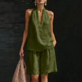 thumbnail image 2 of Women's 2 Piece Short Sets Linen Sleeve V Neck Halter Matching Short Suit Summer Casual Oversized Outfits Army Green XL(XL), 2 of 6