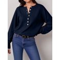 thumbnail image 5 of Women Henley Neck Half Button Drop Shoulder Loose Long Sleeve Knit Pullover Sweater Dark Blue XXL, 5 of 9