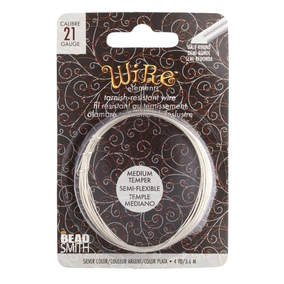 The Beadsmith Half-Round Craft Wire - Medium Temper Beading Wire, Silver Color, 21 Gauge, 4 Yards