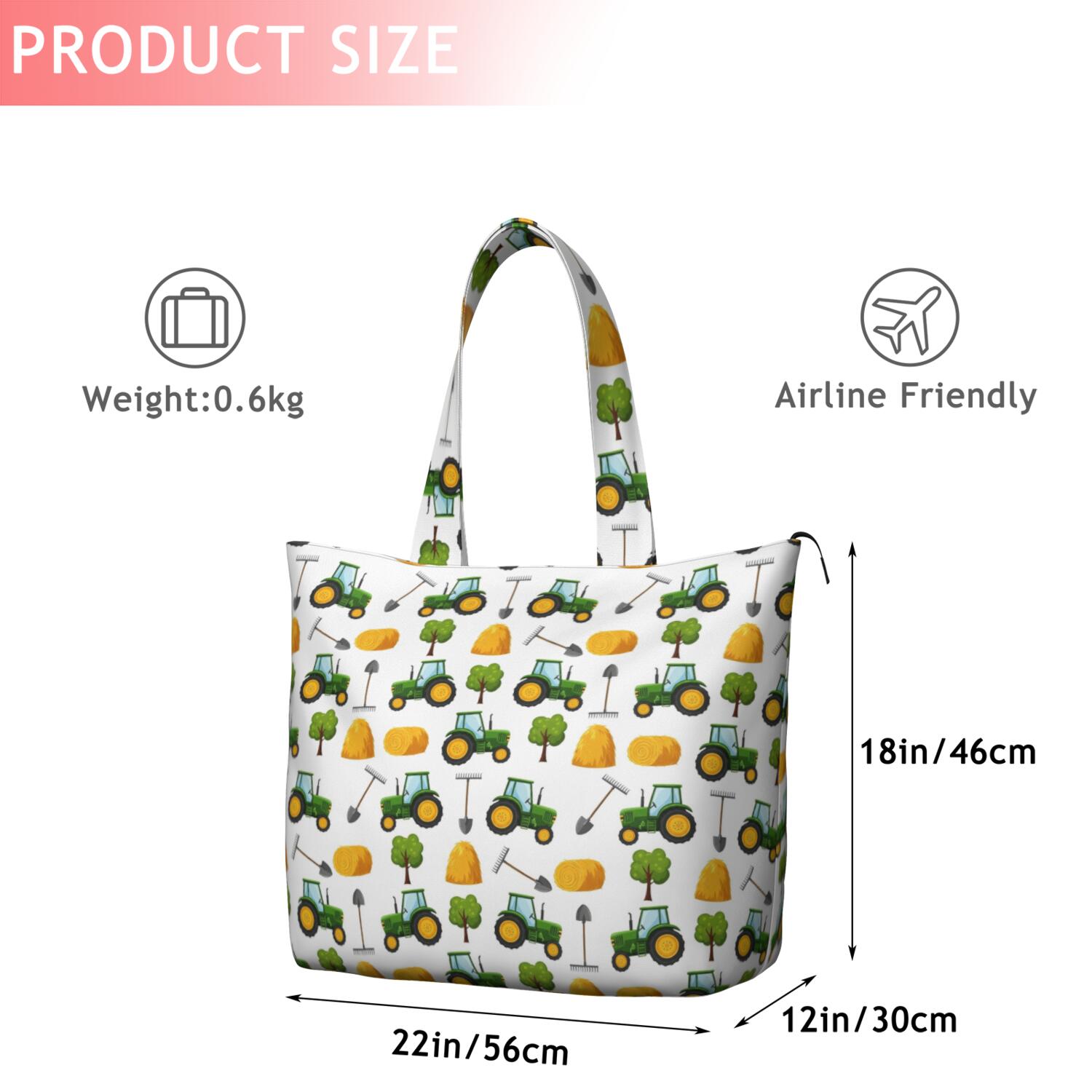 Cartoon Tractors Hay Bales White Pattern Travel Tote Bags for Women Carry On,Large Weekender Bags for Women Travel,Multi Functional Duffle Bag for Work,Shopping,Sports