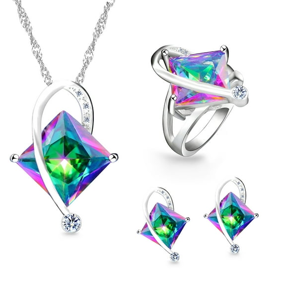 Uloveido Charm Simulated Topaz Big Square Crystal Necklace Stud Earrings and Rings Jewelry Set (Multicolor, Size 5) T295
