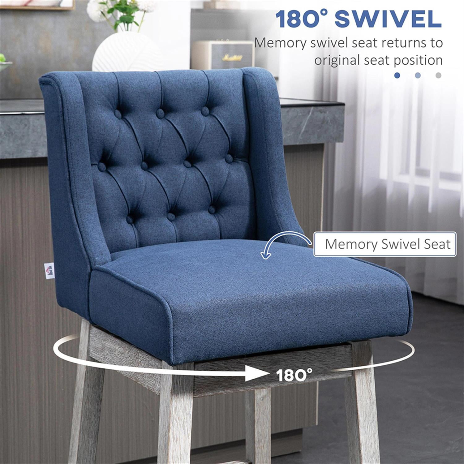 Demi Bonn 180 Degree Swivel Bar Stool Set of 2, Modern Cushioned Bar 30" Seat Height Stool with Button Tufted Back and Solid Wood Legs, Blue
