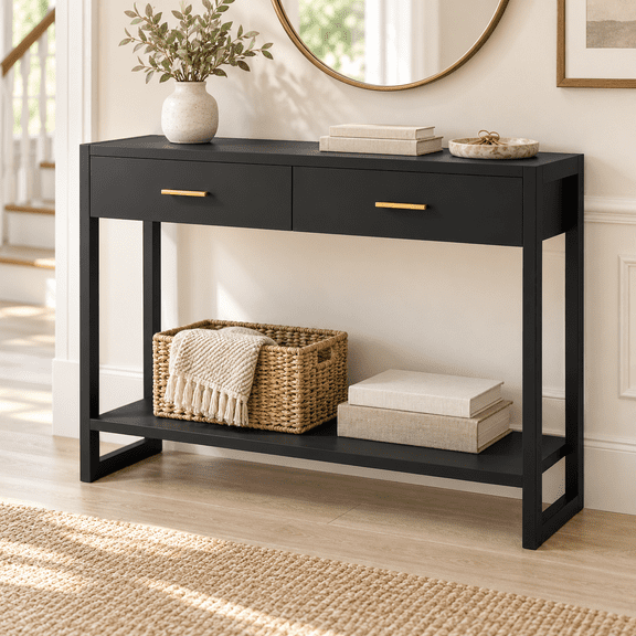Modern Black Console Table with Smart Foot-Sensor Light, 2 Drawers and Open Shelf, Narrow Entryway Sofa Table with Gold Handles Living Room