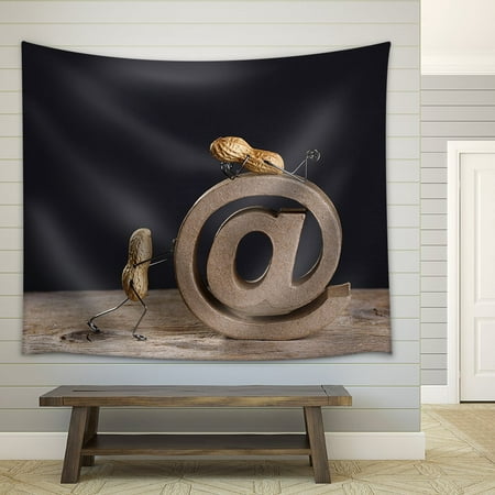 wall26 - Peanut People Pushing a Large at Sign as a Symbol for The Internet and Email - Fabric Wall Tapestry Home Decor - 51x60