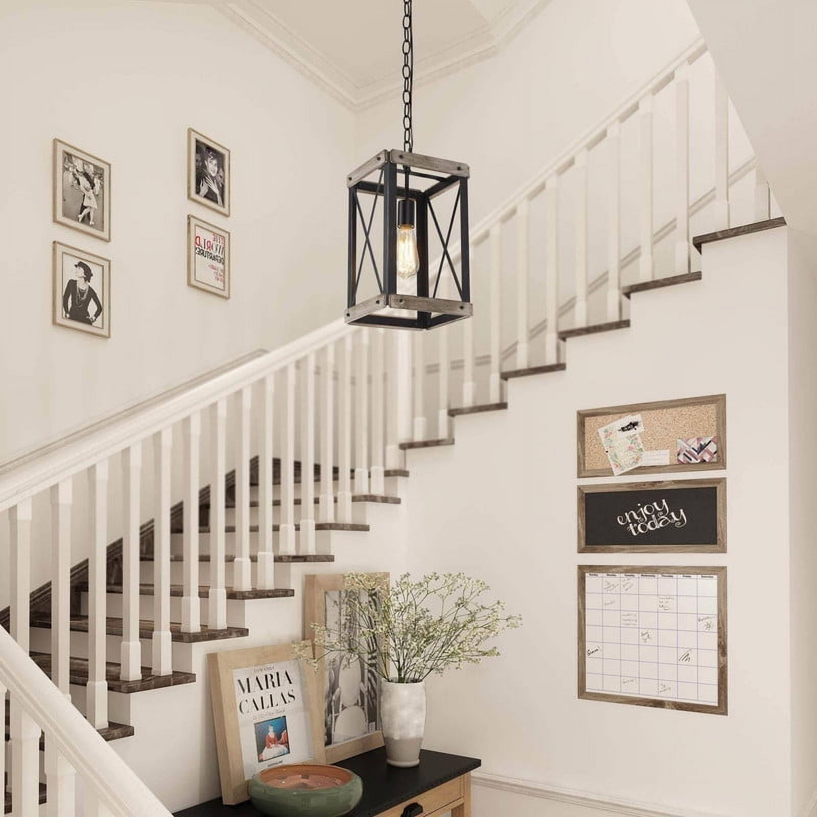LNC 1-Light Farmhouse Pendant Light For Kitchen Island, Rustic Brushed Black and Wood Finish