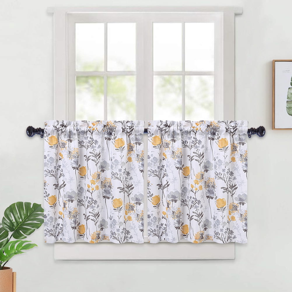 GlowSol Kitchen Curtains 24 inches Leaf Flower Printed Light Filtering