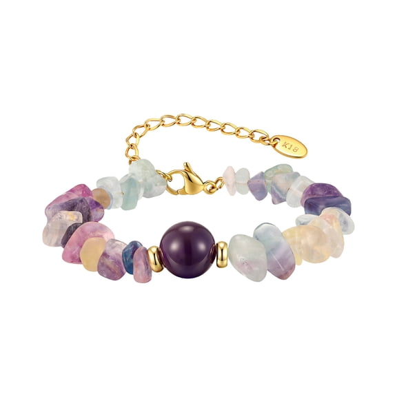 HIRPLIS Irregular Chip Stone Round Beaded Bracelet for Women Stretch Stainless Steel Gold Plated Elegant Boho Dainty Adjustable Statement Personalized Gift Jewelry Purple