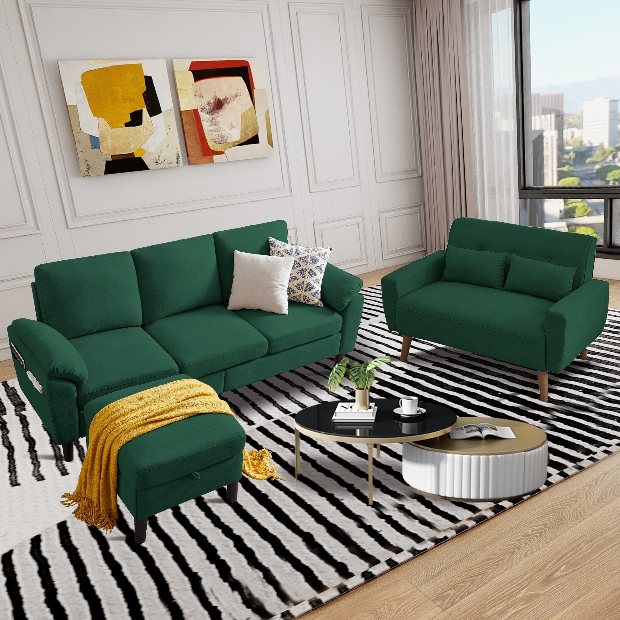 79" Convertible Sectional Sofa Set, Small L Shaped 3-Seat Couch with Reversible Chaise and Accent Chair, Modern Linen Sofas Couches for Living Room, Green