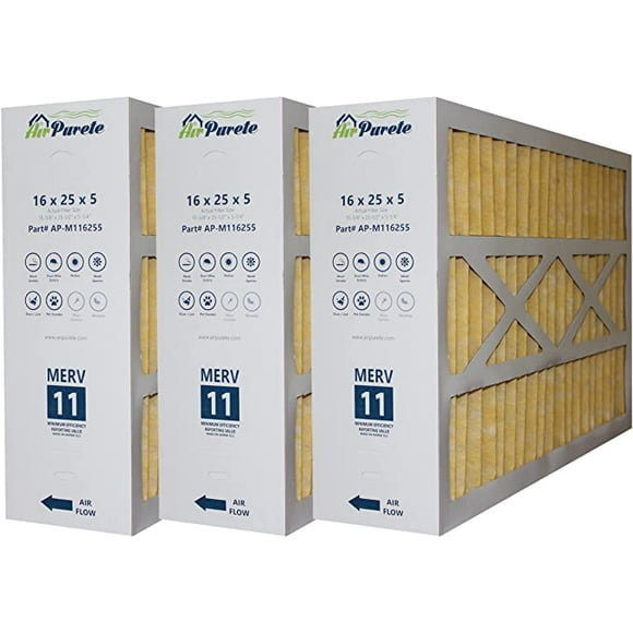 AirPurete Furnace Filters AP-M116255 | Pack of 3 | 16x25x5 | Actual size : 15-3/8" x 25-1/2" x 5-1/4" | Replacement for Electroair, Five Seasons, Amana