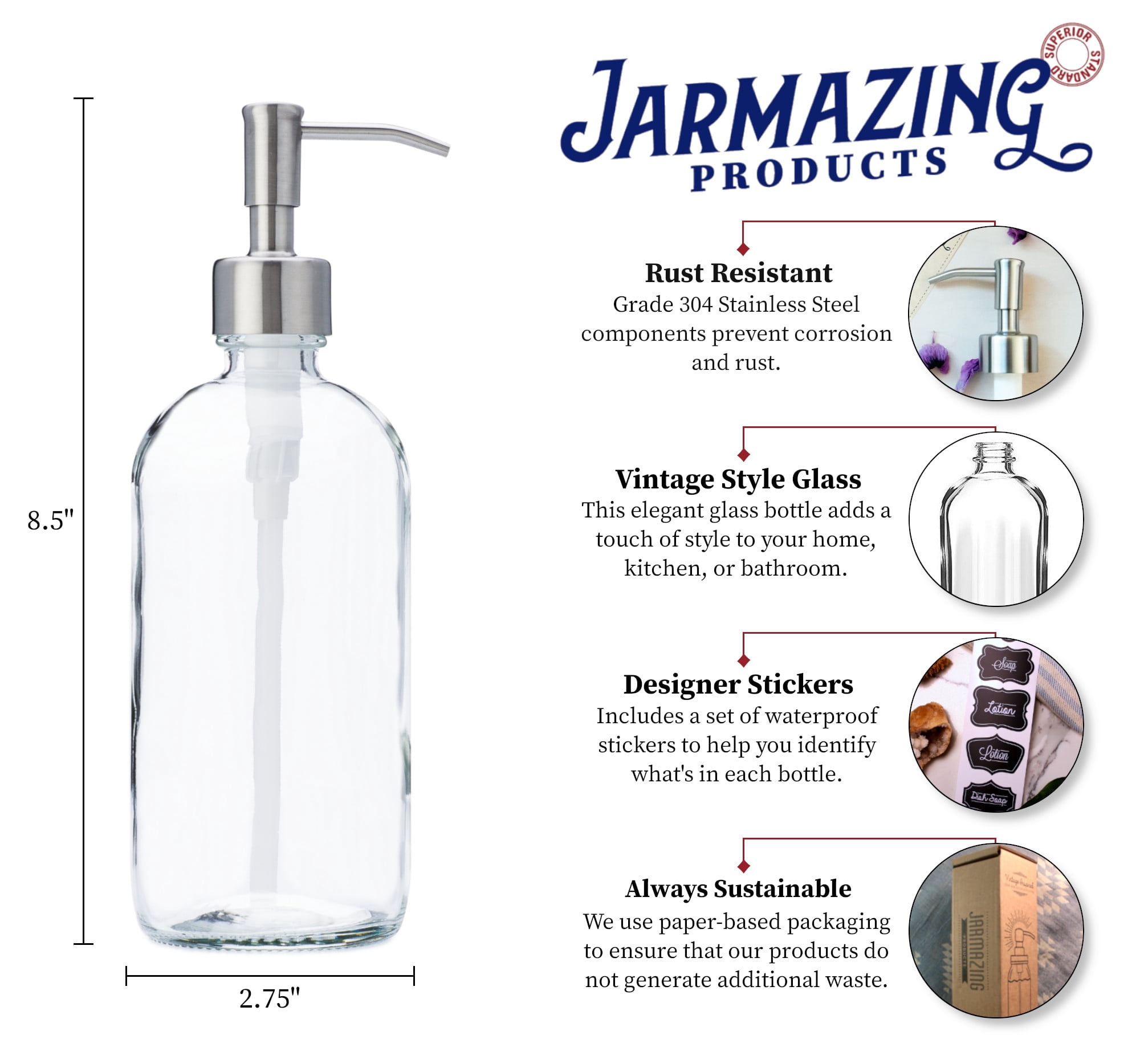 Clear Glass Jar Soap and Lotion Dispenser with Stainless Steel Pump - 16 oz - 2 Pack
