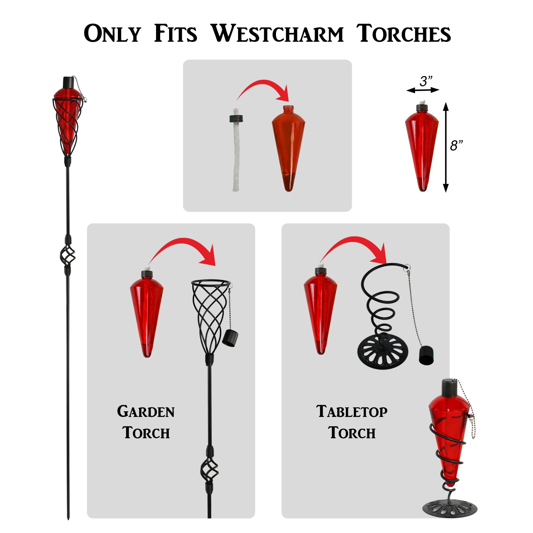 Westcharm Replacement Garden Torch Glass Canister with Fiberglass Wick and Metal Snuffer Only - Blue