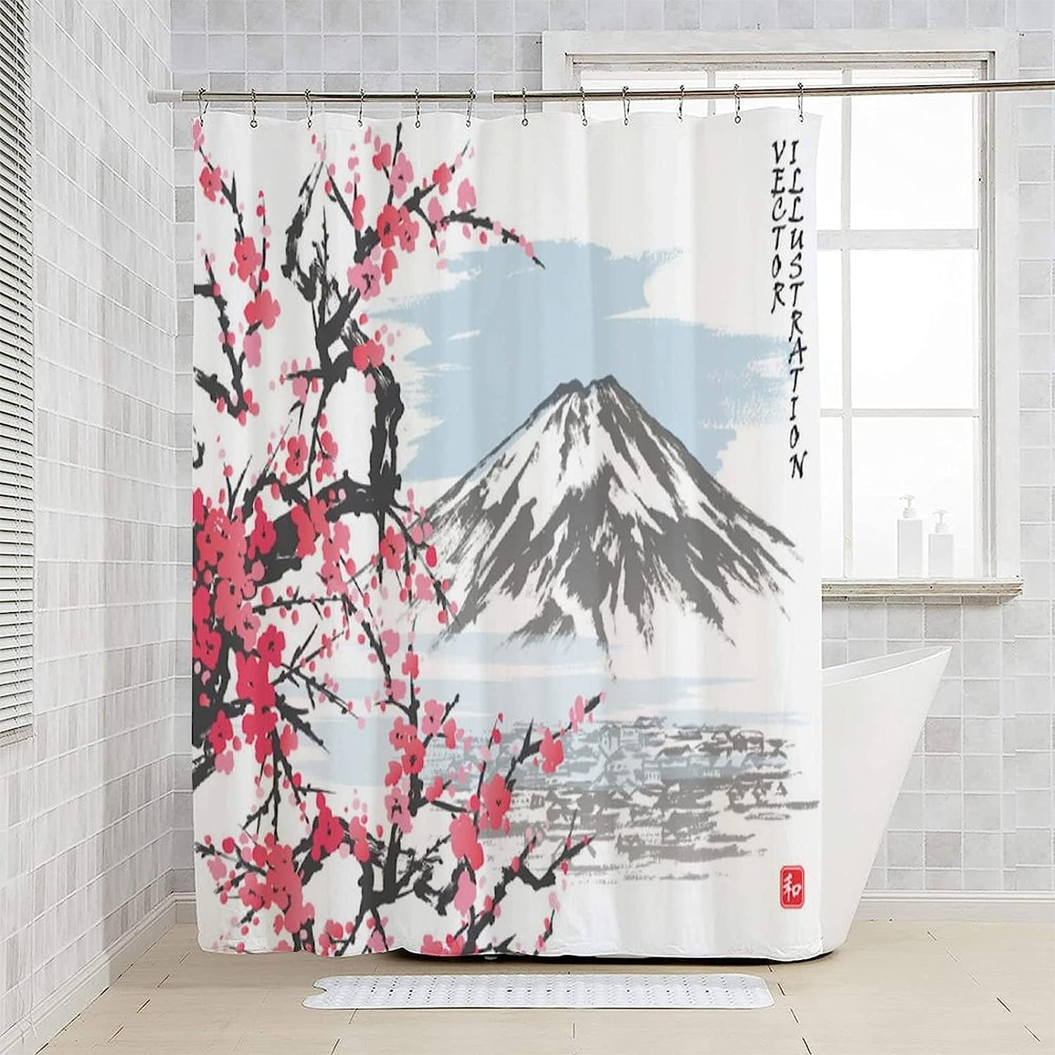 Sonernt Japanese Cherry Blossom Shower Curtain,Asian Mountain Fuji