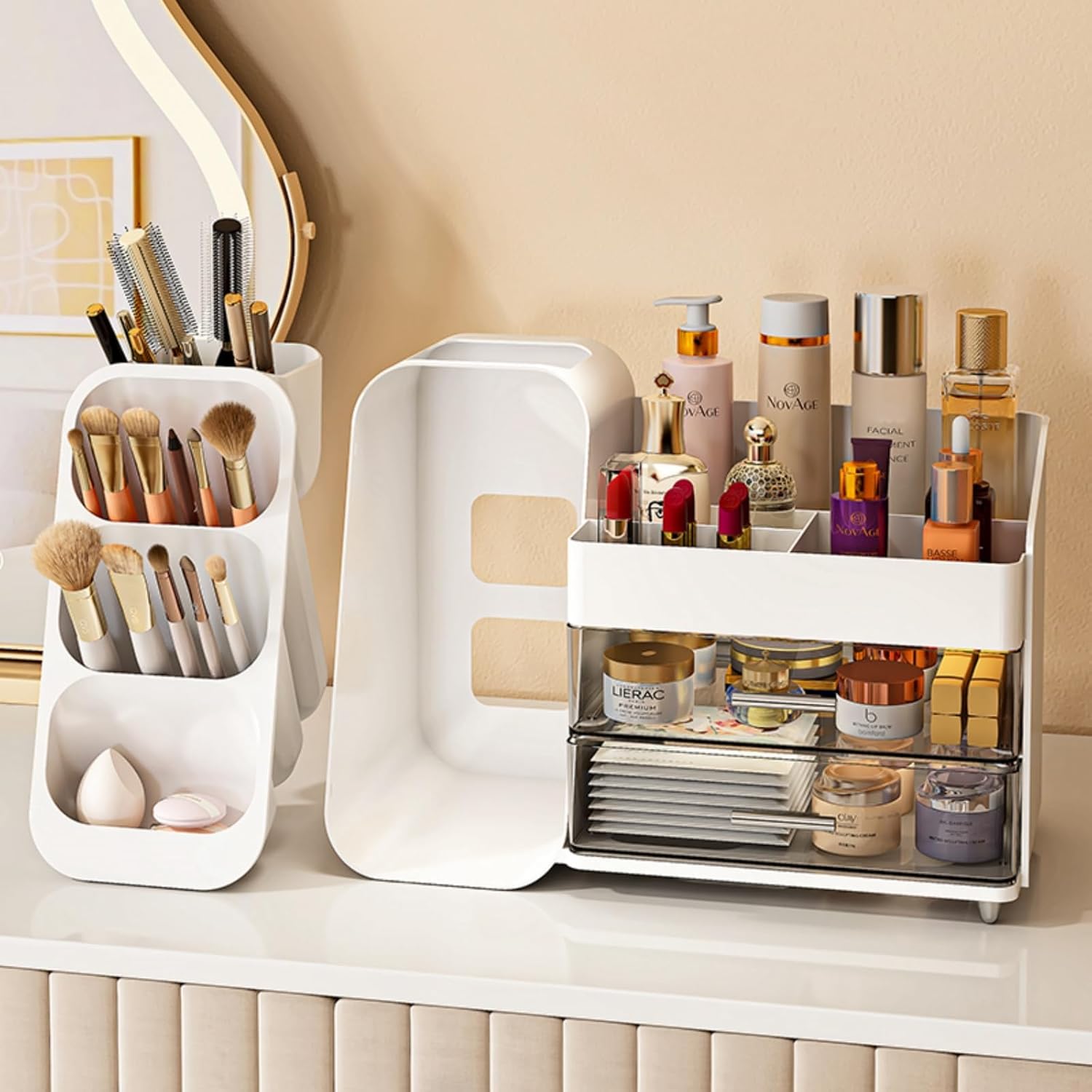 BAODELI Large Makeup Organizer with Brush Holder, White photo 3