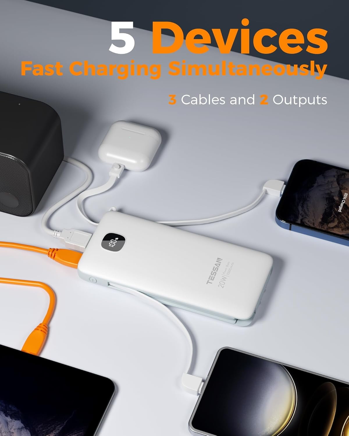 Portable Charger with Built in Cables, 10000mAh Power Bank Fast Charging with Foldable Wall Plug Charger, PD20W Compact Battery Pack Travel Essentials for iPhone 17/16/15 Series,Samsung,Tablets