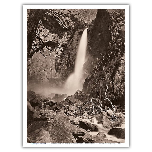 Lower Yosemite Falls - Yosemite Valley California - B&W Photograph by Carleton E. Watkins c.1865 - Master Art Print (Unframed) 9in x 12in