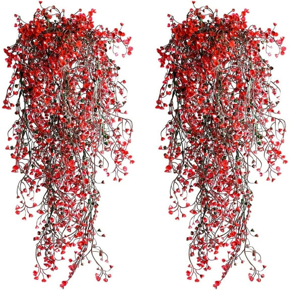 Topboutique 4 Pcs Fake Hanging Plants,Artificial Fall Flowers,Artificial Ferns,Faux Autumn Plants Fake Vines for Indoor Outdoor House Wedding Party Decor,Red