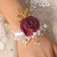 thumbnail image 2 of Formery Ramillete de muñeca de dama de honor con flores de rosa roja, conjunto de ramillete de flores de mano de seda elástica con hoja de metal perla, accesorios para novias y niñas para bodas y bailes   JM, 2 of 4