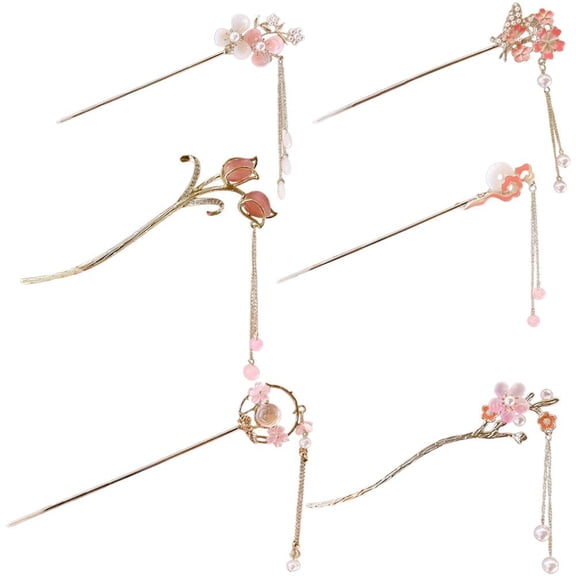 Jiibva 6 Pieces Retro Vintage Asian Japanese Chinese Hanfu Metal Flower Hair Sticks with Pendants Long Hair Pins Forks Chopsticks Bun Updo Holders for Women