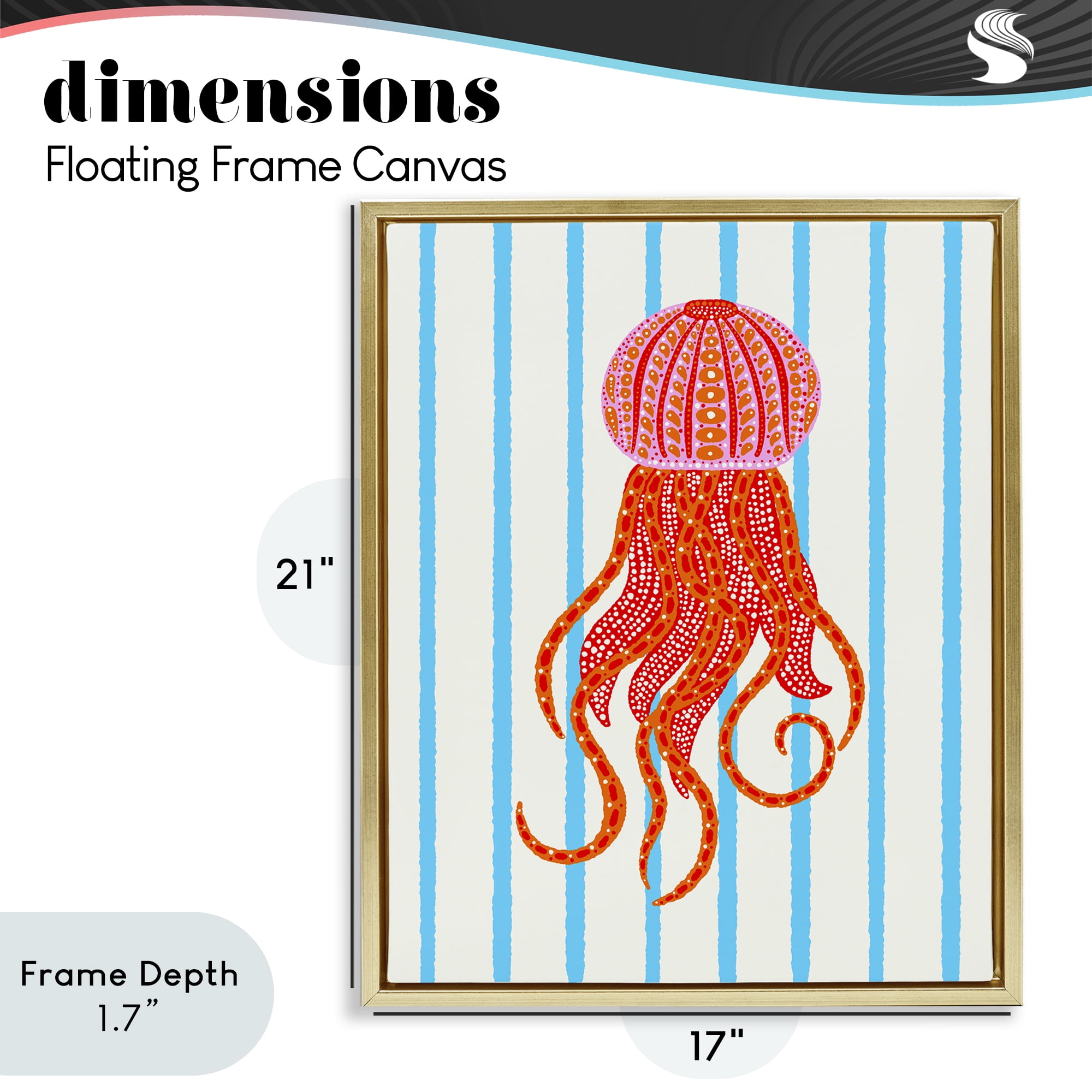 Stupell Industries Bright Aquatic Jellyfish on Stripes Gold Framed Floater Canvas Wall Art, design by Indira Prieto | IndySign
