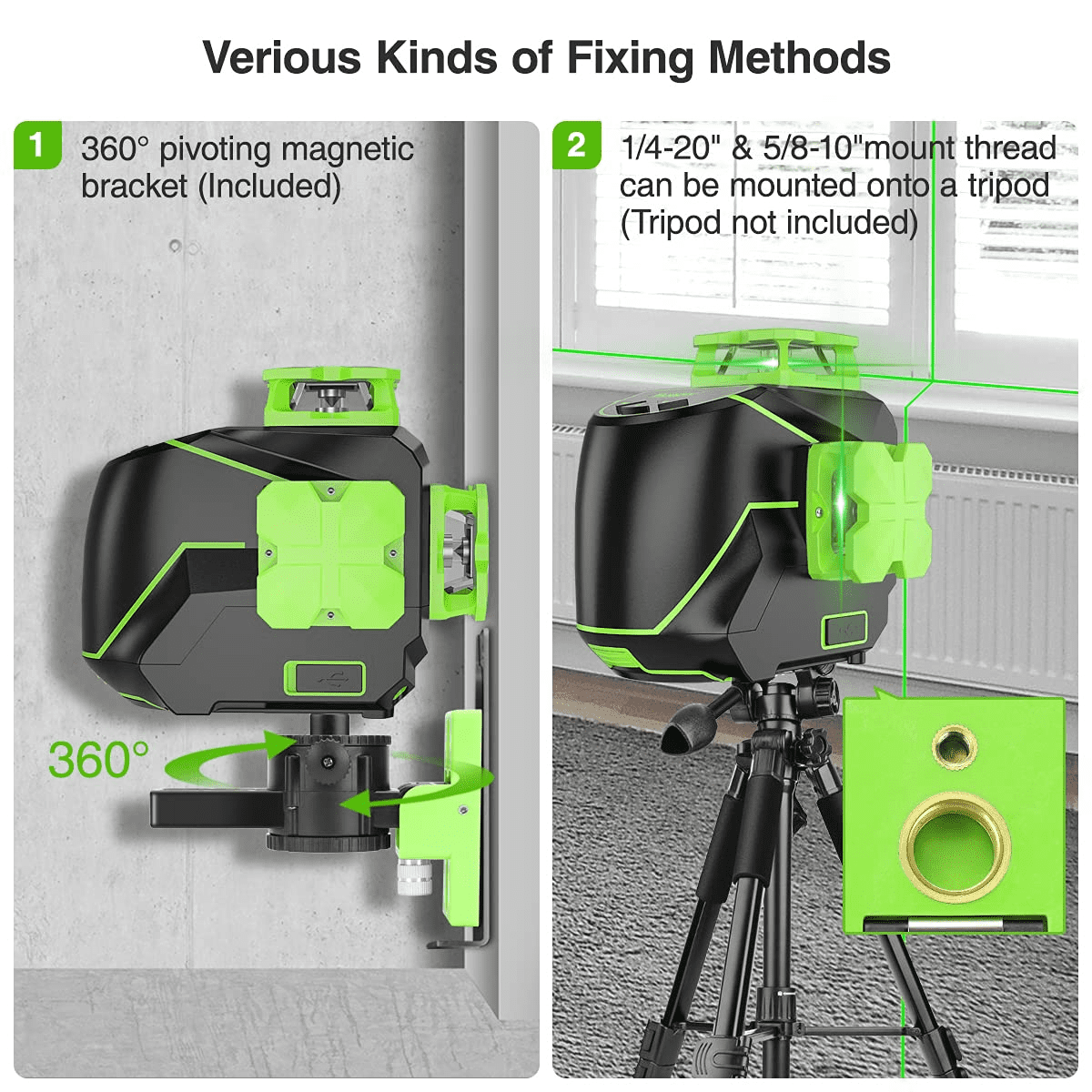 Huepar 3D Cross Line Laser Level 3 x 360 Green Beam Self-leveling Laser Level Tools with Li-ion Battery and Magnetic Pivoting Base