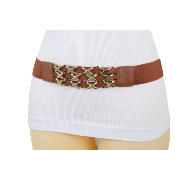 Women Brown Color Elastic Fashion Belt Gold Metal XX Charms S M