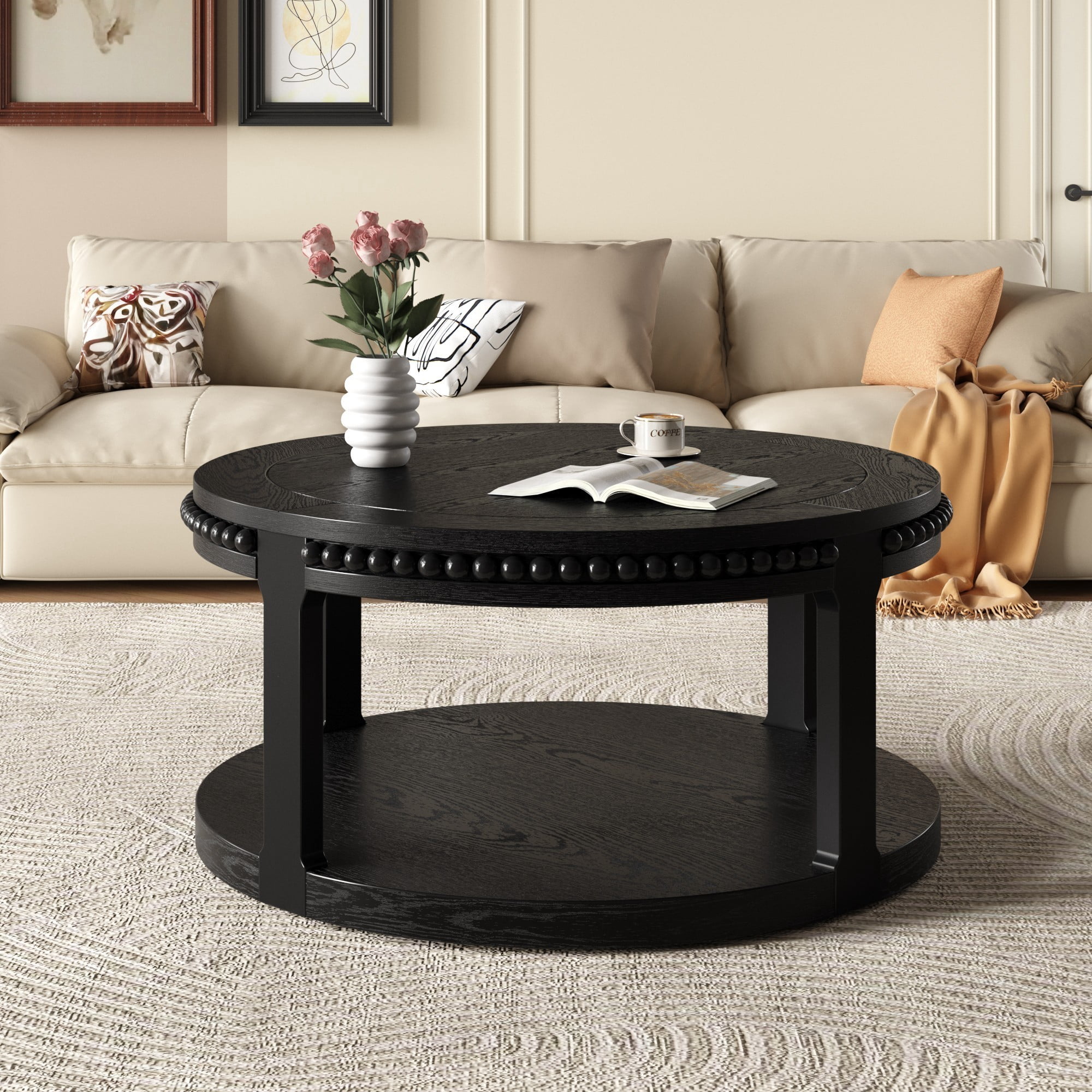 31.5" Round Solid Wood Coffee Table, 2 Tier Wood Coffee Table with Shelf, Modern Center Table for Living Room Sofa Table, Black