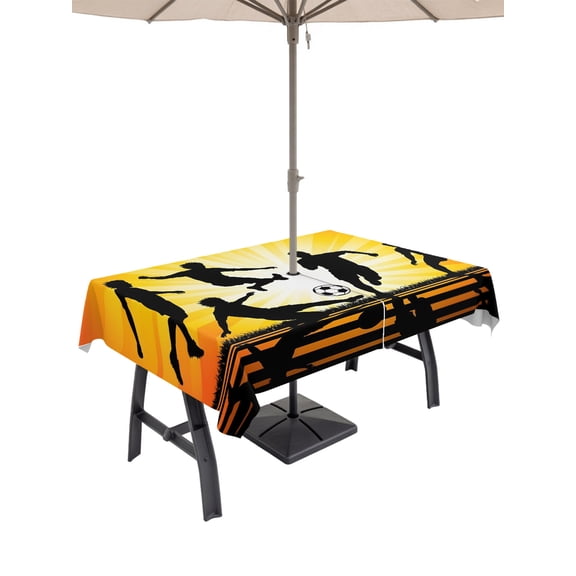 Outdoor Tablecloth with Umbrella Hole for Patio/Picnic/Party/Camping, Players Silhouette Waterproof Table Cloth Rectangle Table Cover Washable, Orange Yellow Sunset Glow Football (60"x 120")