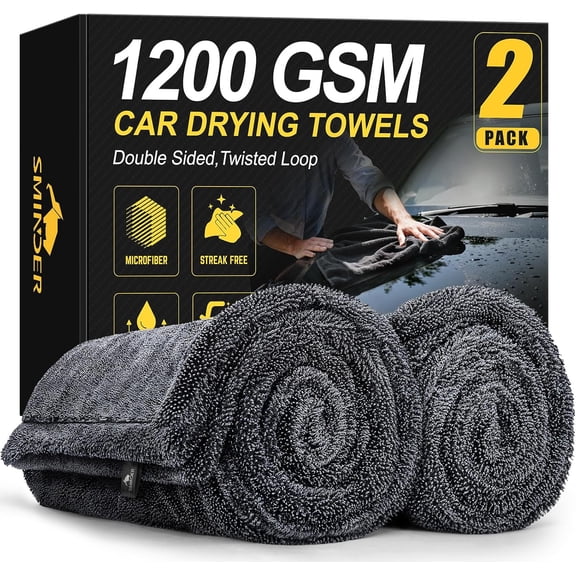 2-Pack 1200 GSM Car Drying Towels – Microfiber Towels for Cars (36" x 24"), Ultra-Absorbent, Streak-Free, Scratch-Free, No Water Spots, Double-Twist Pile & Edgeless Design