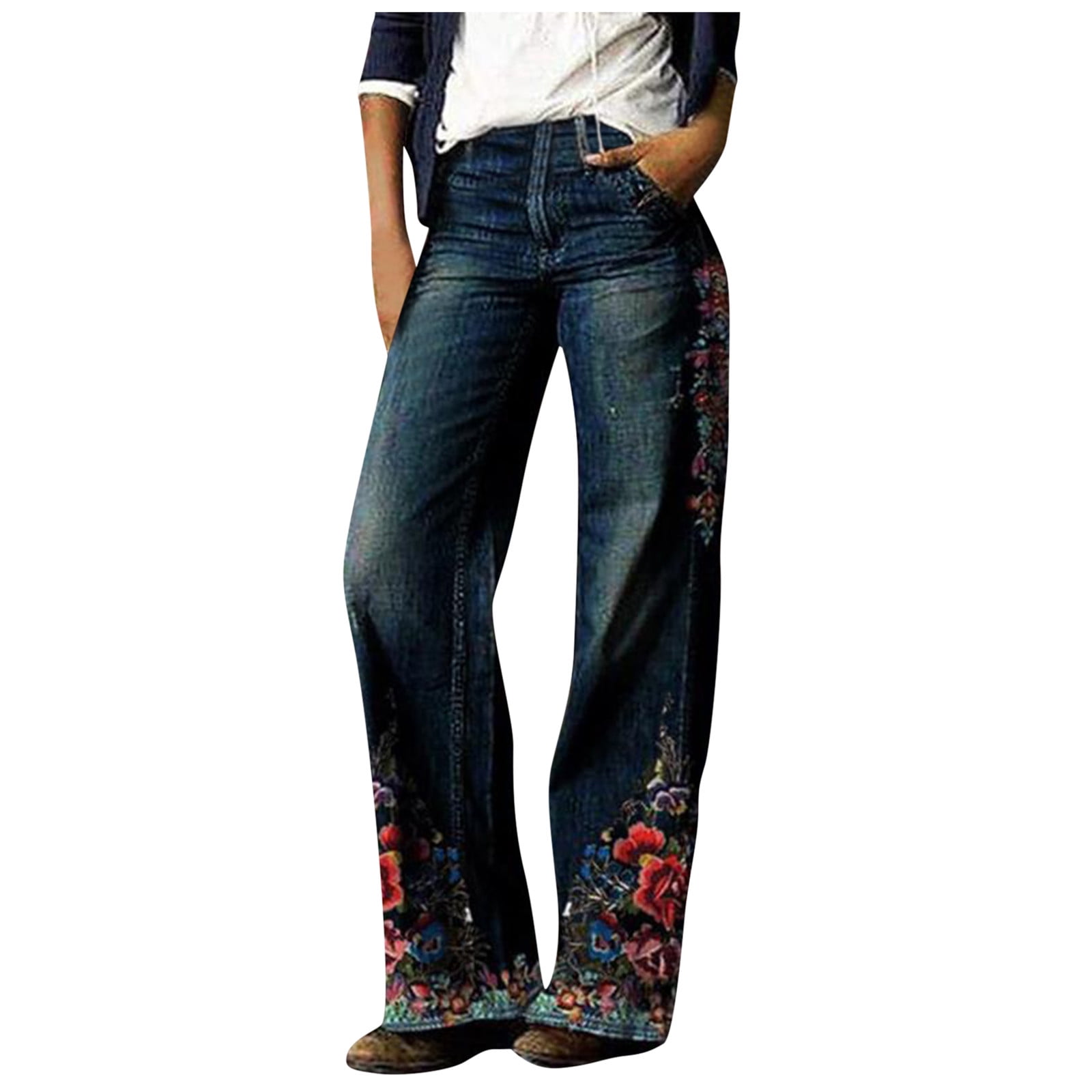 Dndnchun Women Fashion Printed Jeans Casual Long Pants